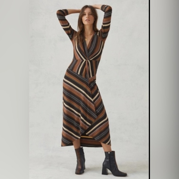 Maeve Striped Wrap Midi Dress black and brown size small - Picture 1 of 4